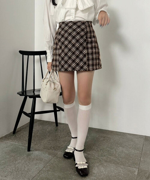 SMサイズ展開】バックレースアップツイードミニスカート（スカート