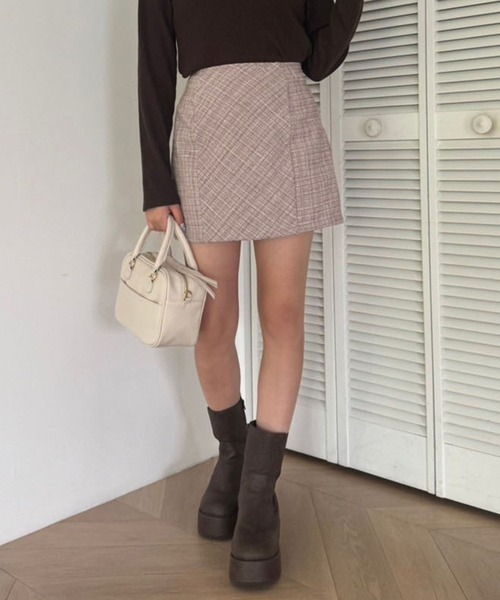 SMサイズ展開】バックレースアップツイードミニスカート（スカート