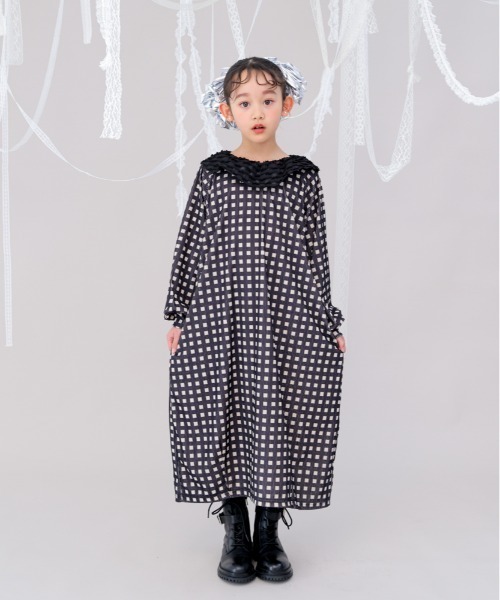 unica（ユニカ）の「チェック柄コクーンワンピース（ワンピース・キッズ・ブラック/グリーン・M/L/XL）」の2枚目の写真