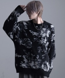 『CavariA/キャバリア』フェザーヤーンフラワー柄ルーズサイズ長袖シャギーニット