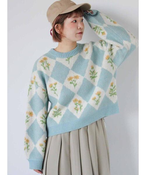 ehka sopo（エヘカソポ）の「花ジャカードニット（ニット/セーター・レディース・イエロー/ピンク/グレー/サックスブルー・F）」の3枚目の写真