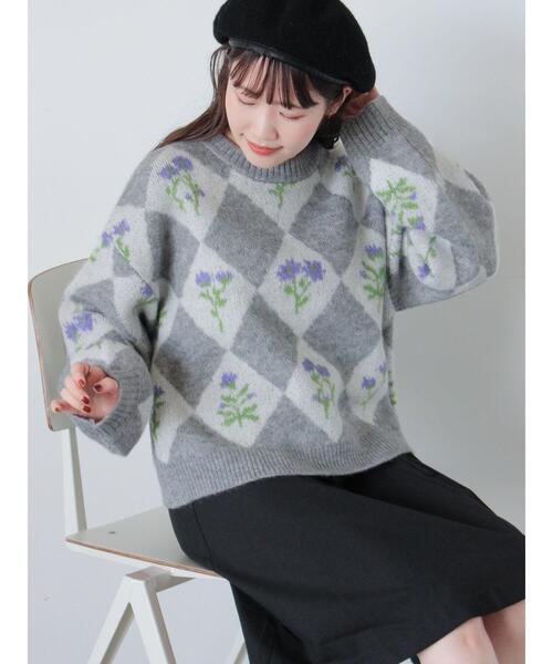 ehka sopo（エヘカソポ）の「花ジャカードニット（ニット/セーター・レディース・イエロー/ピンク/グレー/サックスブルー・F）」の11枚目の写真
