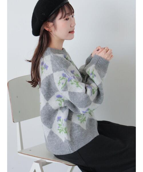 ehka sopo（エヘカソポ）の「花ジャカードニット（ニット/セーター・レディース・イエロー/ピンク/グレー/サックスブルー・F）」の10枚目の写真