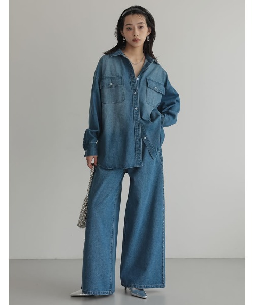 Re:EDIT（リエディ）の「[低身長/高身長サイズ有]サイドスタッズワイドデニムパンツ（デニムパンツ・レディース・ブルー/ブラック・SHORT/MEDIUM/TALL/LARGE）」の10枚目の写真