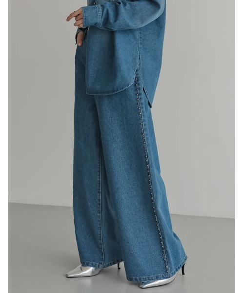 Re:EDIT（リエディ）の「[低身長/高身長サイズ有]サイドスタッズワイドデニムパンツ（デニムパンツ・レディース・ブルー/ブラック・SHORT/MEDIUM/TALL/LARGE）」の8枚目の写真