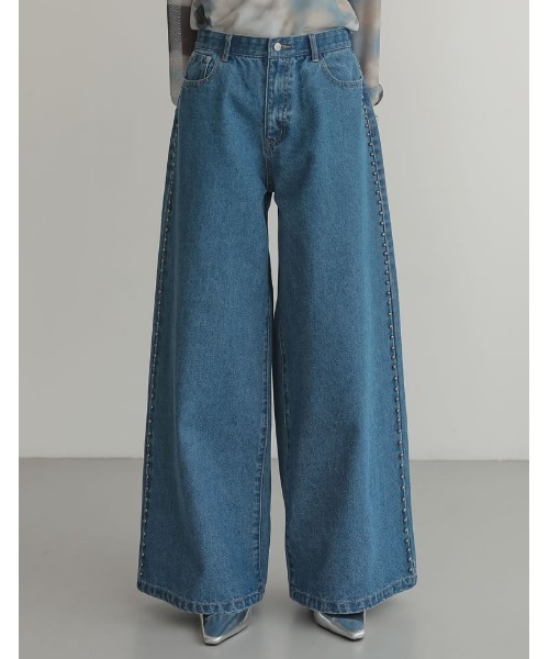 Re:EDIT（リエディ）の「[低身長/高身長サイズ有]サイドスタッズワイドデニムパンツ（デニムパンツ・レディース・ブルー/ブラック・SHORT/MEDIUM/TALL/LARGE）」の14枚目の写真