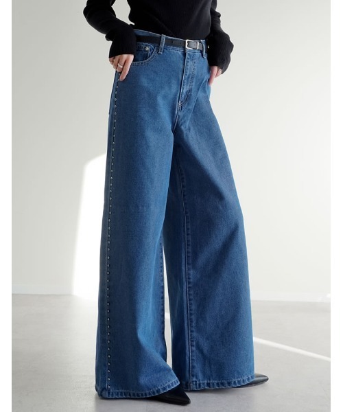 Re:EDIT（リエディ）の「[低身長/高身長サイズ有]サイドスタッズワイドデニムパンツ（デニムパンツ・レディース・ブルー/ブラック・SHORT/MEDIUM/TALL/LARGE）」の20枚目の写真