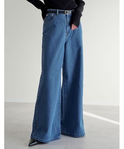 Re:EDIT（リエディ）の「[低身長/高身長サイズ有]サイドスタッズワイドデニムパンツ（デニムパンツ・レディース・ブルー/ブラック・SHORT/MEDIUM/TALL/LARGE）」の21枚目の写真