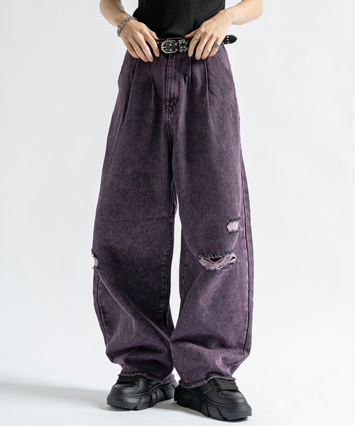 Vintage Like Chemical Wash Damaged Color Denim - ヴィンテージ