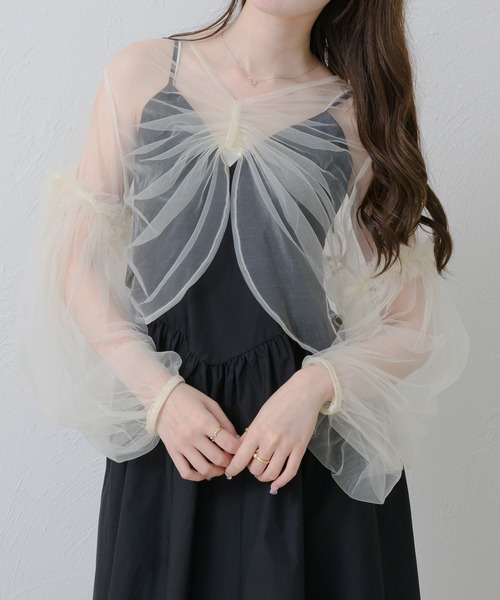 Ambre Neige(アンブルネージュ)の「2way tulle ribbon bolero / 2wayチュールリボンボレロ(カーディガン/ボレロ・レディース・アイボリー/ライトグレー/ライトグリーン・FREE)」の2枚目の写真