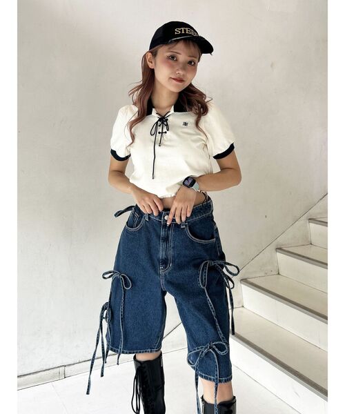 jouetie(ジュエティ)の「ワイドデニムリボンハーフパンツ(デニムパンツ・レディース・ブルー/ブラック・MEDIUM/SMALL)」の16枚目の写真