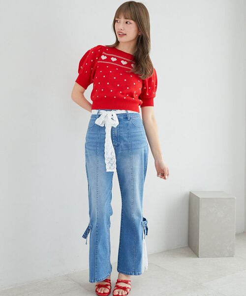 MAJESTIC LEGON(マジェスティックレゴン)の「ハートジャカードパフスリーブニット(ニット/セーター・レディース・ピンク/レッド/ネイビー/ブルー/ブルー系その他2・MEDIUM)」の5枚目の写真