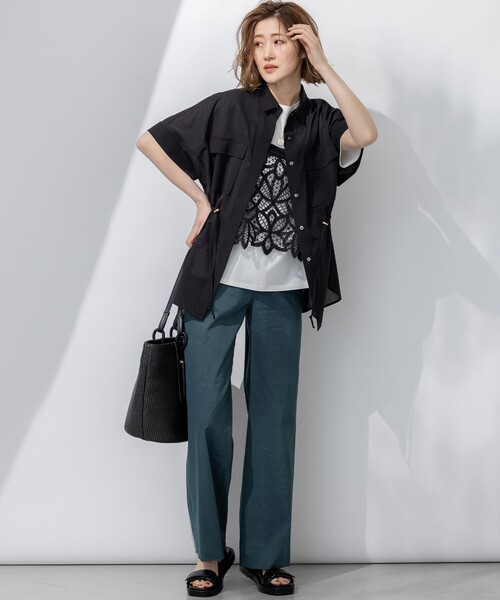 ❤︎23区❤︎ 【洗える】ライトシアーマットクロス ミリタリーディティール シャツ 23区 L(ニジュウサンク エル)の【洗える】ライトシアーマット