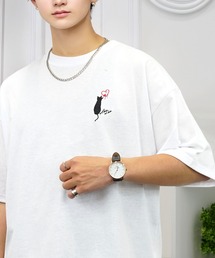 L'atelier（ラトリエ）の「ワイド 半袖 Tシャツ ロゴ ハート 黒猫 刺繍（Tシャツ/カットソー）」