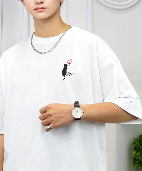 セール】ワイド 半袖 Tシャツ ロゴ ハート 黒猫 刺繍（Tシャツ
