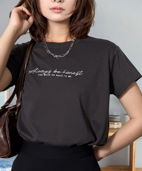 セール】ワイド 半袖 Tシャツ ロゴ ハート 黒猫 刺繍（Tシャツ