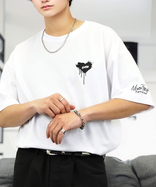 セール】ワイド 半袖 Tシャツ ロゴ ハート 黒猫 刺繍（Tシャツ