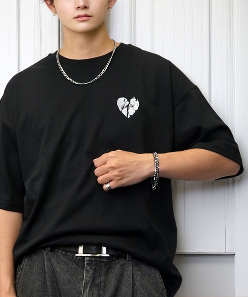 セール】ワイド 半袖 Tシャツ ロゴ ハート 黒猫 刺繍（Tシャツ