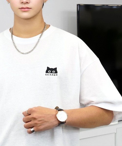 セール】ワイド 半袖 Tシャツ ロゴ ハート 黒猫 刺繍（Tシャツ
