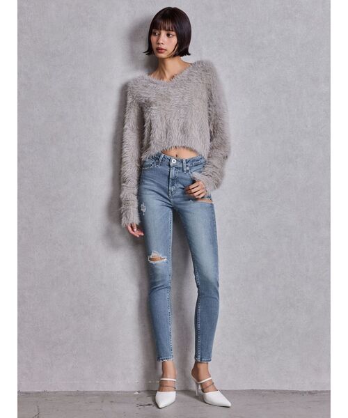 セール】ミドルウエストSIDE RIPPEDスキニーデニムパンツ（デニム