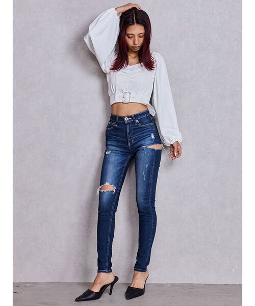 ミドルウエストSIDE RIPPEDスキニーデニムパンツ（デニムパンツ