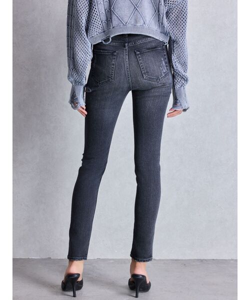 セール】ミドルウエストSIDE RIPPEDスキニーデニムパンツ（デニム