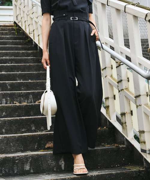 完売間近！】ACETATEベルトワイドパンツ｜細見え/ウォッシャブル