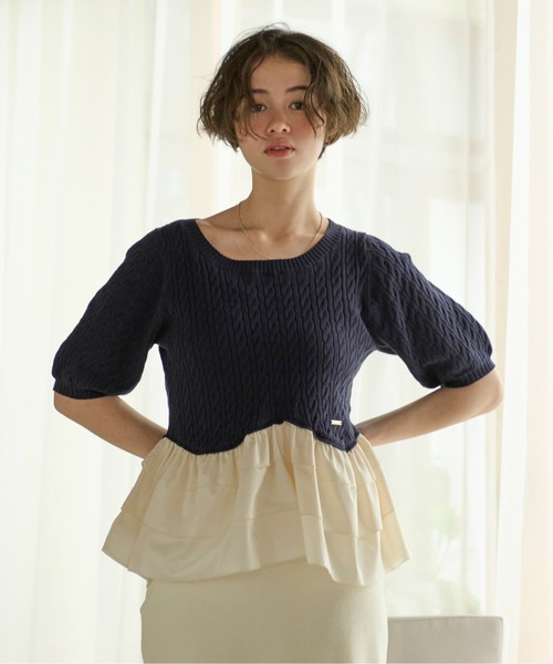 新品、OHGA BICOLOR FRILL KNIT フリルニット loin nuit（ロワンニュイ）の「cable puff frill knit / ケーブルパフ