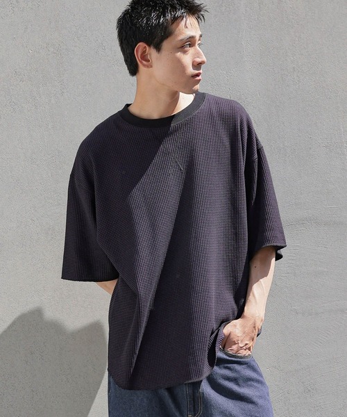 niko and...（ニコアンド）の「配色ワッフルＴシャツ（Tシャツ/カットソー・メンズ・オレンジ/ブルー/オフホワイト/ブラック・MEDIUM/LARGE）」の3枚目の写真