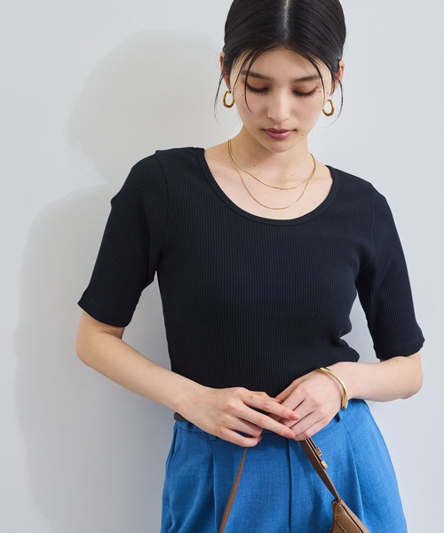 VIS(ビス)の「【前後2WAY】テレコ五分袖プルオーバー(Tシャツ/カットソー・レディース・グレー/オフホワイト/ブラック・FREE)」の3枚目の写真