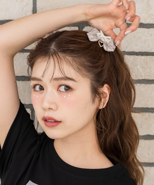 シアーチェックパールリボンクリップセット（バレッタ/ヘアクリップ