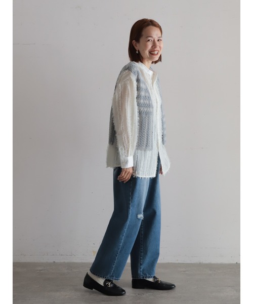 FIL DE FER（フィルデフェール）の「クロシェライクボーダー　ショートベスト（ベスト・レディース・ライトグレー/ブルー・FREE）」の18枚目の写真