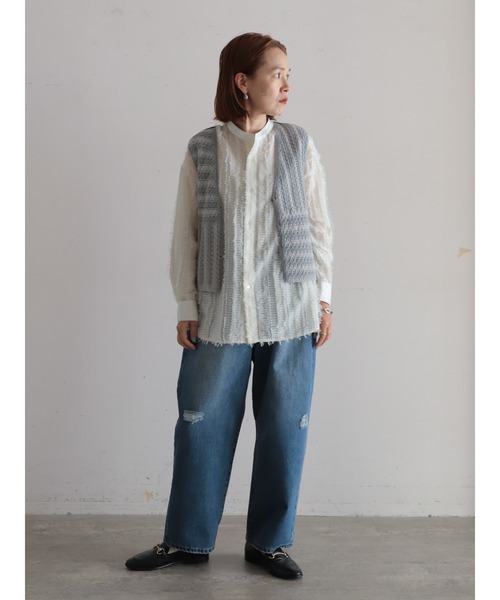 FIL DE FER（フィルデフェール）の「クロシェライクボーダー　ショートベスト（ベスト・レディース・ライトグレー/ブルー・FREE）」の16枚目の写真