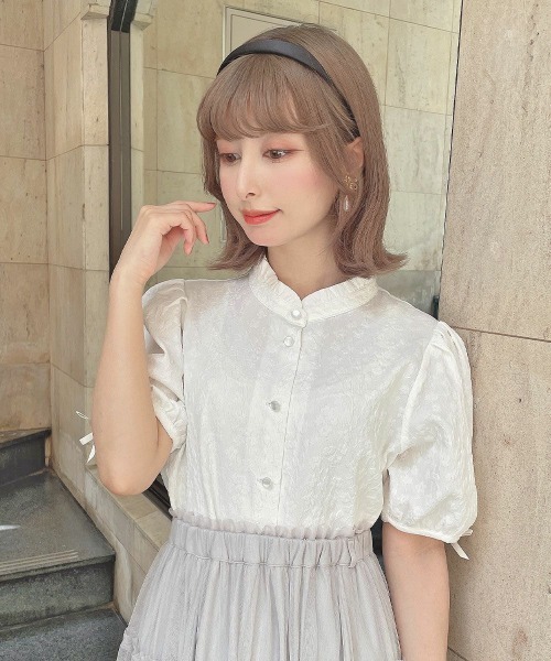 【洗える】袖口 プチリボン ジャガード ブラウス セール】袖口プチリボンジャガードブラウス 夏服（シャツ