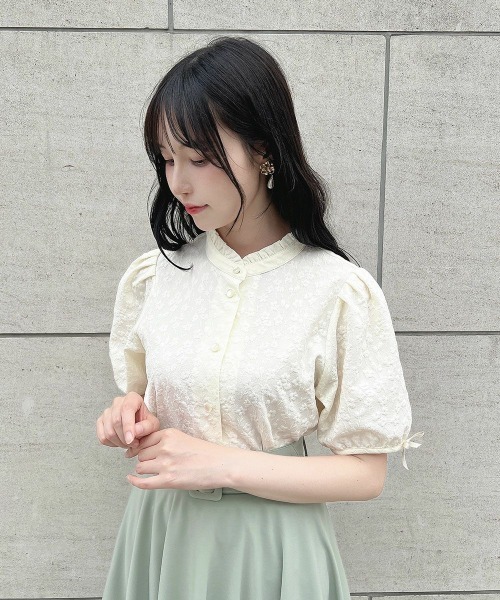 セール】袖口プチリボンジャガードブラウス 夏服（シャツ