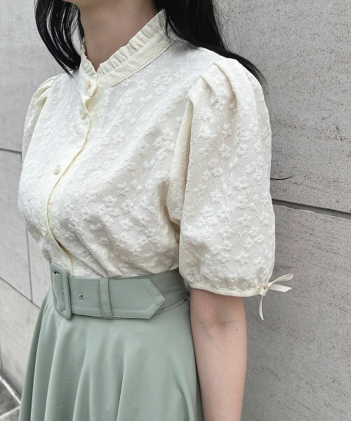 【洗える】袖口 プチリボン ジャガード ブラウス セール】袖口プチリボンジャガードブラウス 夏服（シャツ