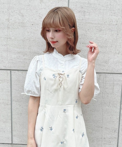 【洗える】袖口 プチリボン ジャガード ブラウス セール】袖口プチリボンジャガードブラウス 夏服（シャツ