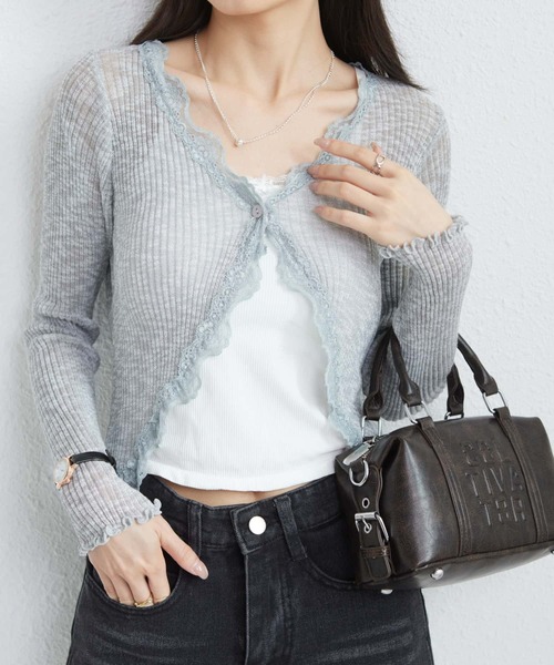 MAISON DE THERESE（メゾン ド テレーズ）の「レースフリルワンボタン透け感カーディガン（カーディガン/ボレロ・レディース・ホワイト/グレー/ブルー/ブラック/ベージュ・FREE）」の19枚目の写真