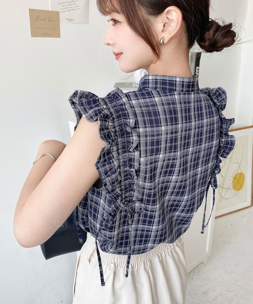 moment+（モーメントプラス）の「ドロストリボンフリルチェックブラウス（シャツ/ブラウス・レディース・ネイビー/レッド/ブラウン/ブラック・M）」の10枚目の写真