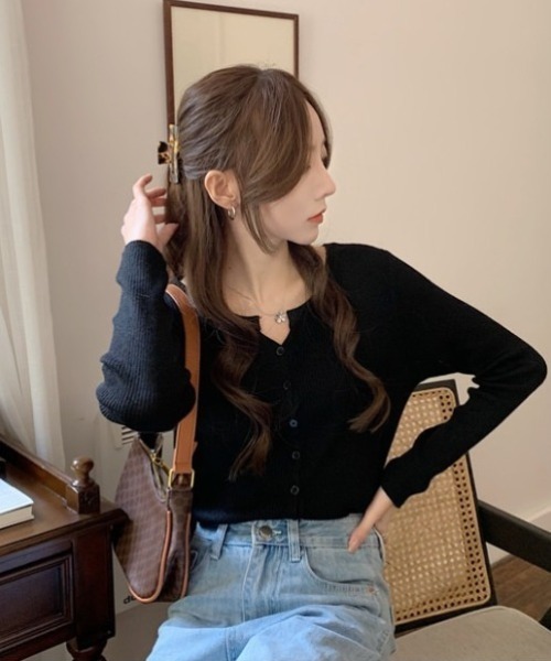 yuue' ( wear )(ユーイ)の「フロントボタンリブニットカーディガン/冷房対策 UVカット(カーディガン/ボレロ・レディース・ブラウン/ブラック/ベージュ/グレー/ホワイト・FREE)」の20枚目の写真