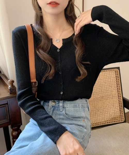 yuue' ( wear )(ユーイ)の「フロントボタンリブニットカーディガン/冷房対策 UVカット(カーディガン/ボレロ・レディース・ブラウン/ブラック/ベージュ/グレー/ホワイト・FREE)」の21枚目の写真
