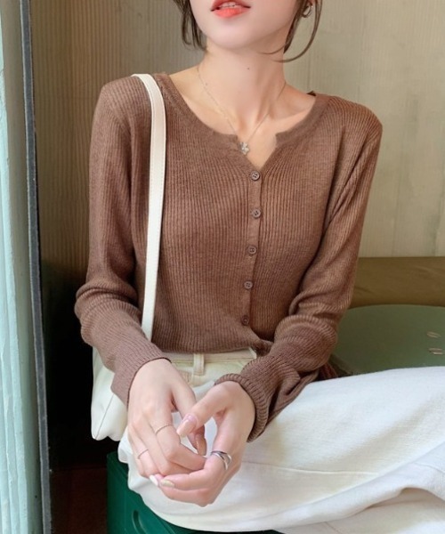 yuue' ( wear )（ユーイ）の「フロントボタンリブニットカーディガン（カーディガン/ボレロ・レディース・ブラウン/ブラック/ベージュ/グレー/ホワイト・FREE）」の8枚目の写真