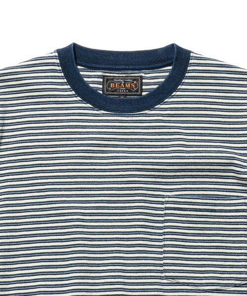 BEAMS PLUS（ビームスプラス）の「Pocket Tee Indigo Stripe（Tシャツ/カットソー・メンズ・オフホワイト/レッド/グリーン/イエロー・SMALL/LARGE/XX-LARGE/X-LARGE/MEDIUM）」の7枚目の写真