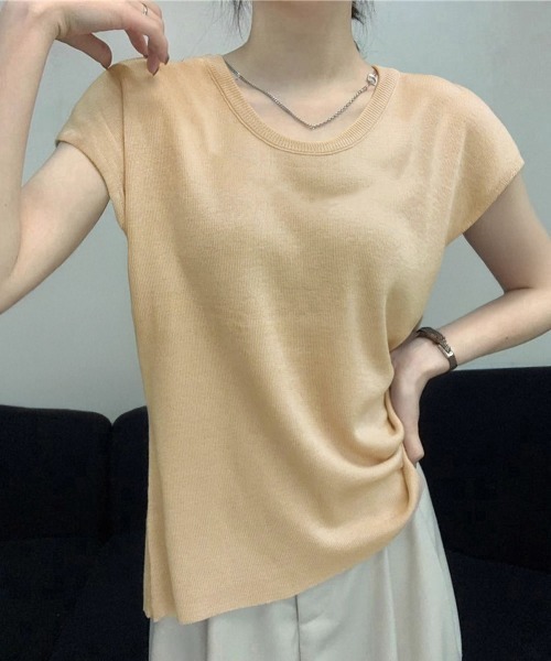 Miniministore（ミニミニストア）の「ニットTシャツ レディース 韓国風 夏服（Tシャツ/カットソー・レディース・ブラック/アイボリー/ベージュ/ブラウン/パープル/グレー・FREE）」の5枚目の写真