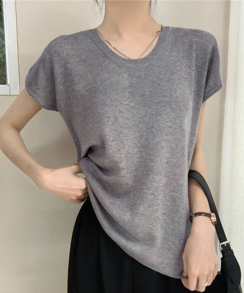 Miniministore（ミニミニストア）の「ニットTシャツ レディース 韓国風 夏服（Tシャツ/カットソー・レディース・ブラック/アイボリー/ベージュ/ブラウン/パープル/グレー・FREE）」の4枚目の写真