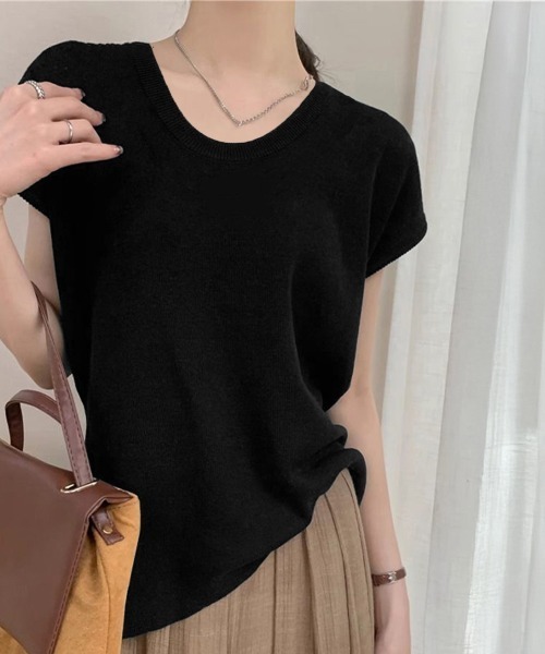 Miniministore（ミニミニストア）の「ニットTシャツ レディース 韓国風 夏服（Tシャツ/カットソー・レディース・ブラック/アイボリー/ベージュ/ブラウン/パープル/グレー・FREE）」の3枚目の写真