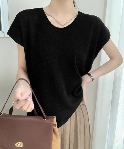 Miniministore（ミニミニストア）の「ニットTシャツ レディース 韓国風 夏服（Tシャツ/カットソー・レディース・ブラック/アイボリー/ベージュ/ブラウン/パープル/グレー・FREE）」の13枚目の写真