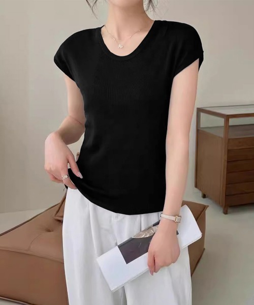 Miniministore（ミニミニストア）の「ニットTシャツ レディース 韓国風 夏服（Tシャツ/カットソー・レディース・ブラック/アイボリー/ベージュ/ブラウン/パープル/グレー・FREE）」の14枚目の写真