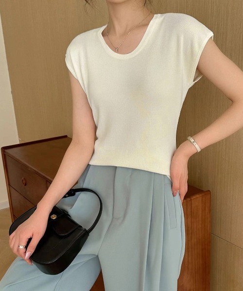 Miniministore（ミニミニストア）の「ニットTシャツ レディース 韓国風 夏服（Tシャツ/カットソー・レディース・ブラック/アイボリー/ベージュ/ブラウン/パープル/グレー・FREE）」の15枚目の写真
