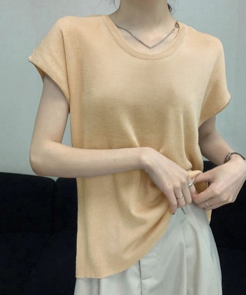 Miniministore（ミニミニストア）の「ニットTシャツ レディース 韓国風 夏服（Tシャツ/カットソー・レディース・ブラック/アイボリー/ベージュ/ブラウン/パープル/グレー・FREE）」の17枚目の写真